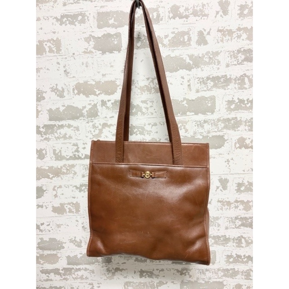 Etienne Aigner Brown Genuine Leather Tote Shoulder Bag Large Gold Logo Classic